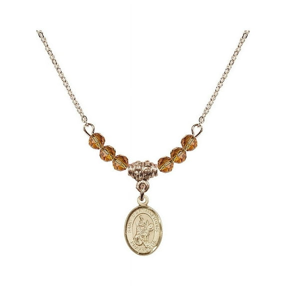 18-Inch Hamilton Gold Plated Necklace with 4mm Yellow November Birth Month Stone Beads and Saint Martin of Tours Charm