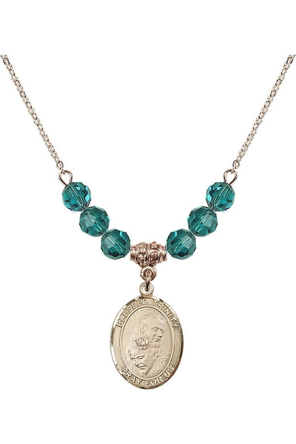 18-Inch Hamilton Gold Plated Necklace with 6mm Blue December Birth Month Stone Beads and Blessed Trinity Charm