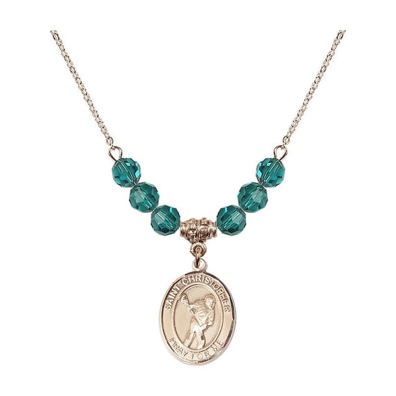 18-Inch Hamilton Gold Plated Necklace with 6mm Blue December Birth Month Stone Beads and Saint Christopher/Lacrosse Charm