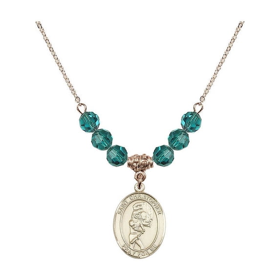 18-Inch Hamilton Gold Plated Necklace with 6mm Blue December Birth Month Stone Beads and Saint Christopher/Softball Charm
