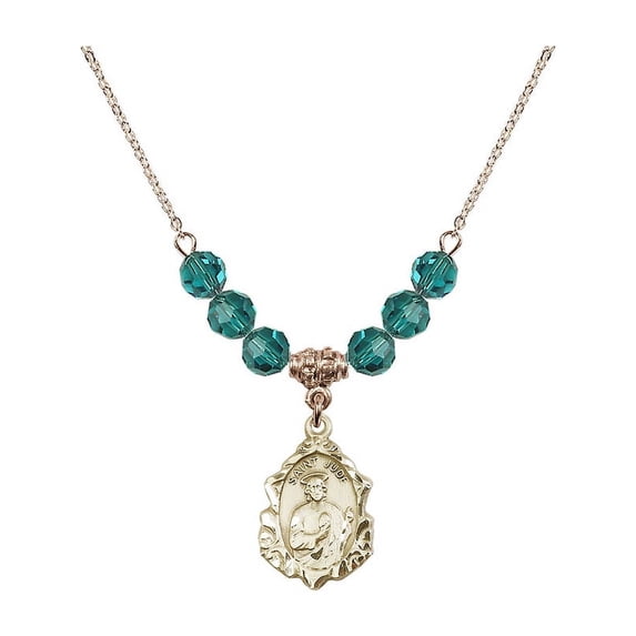 18-Inch Hamilton Gold Plated Necklace with 6mm Blue December Birth Month Stone Beads and Saint Jude Charm