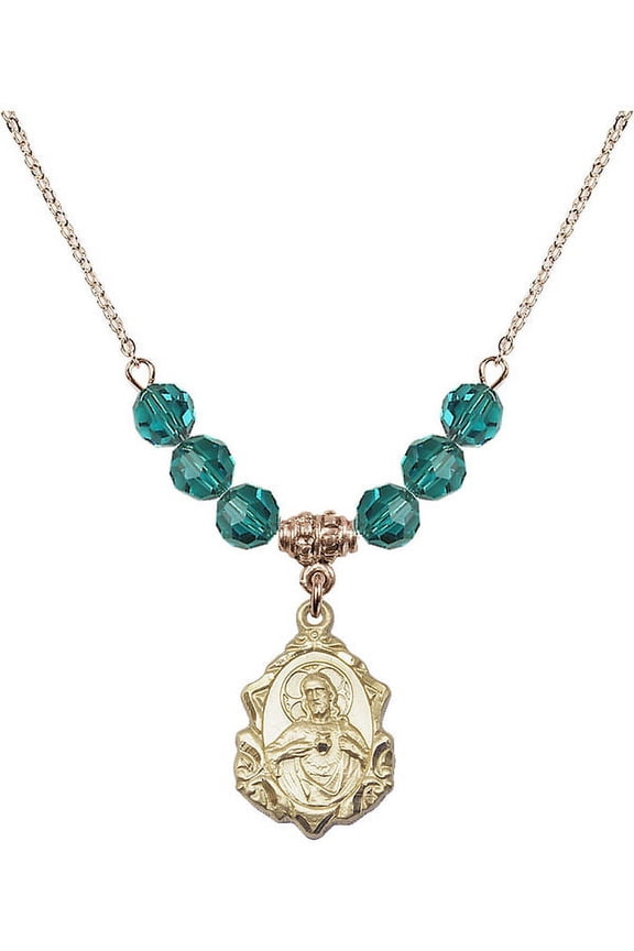 18-Inch Hamilton Gold Plated Necklace with 6mm Blue December Birth Month Stone Beads and Scapular Charm