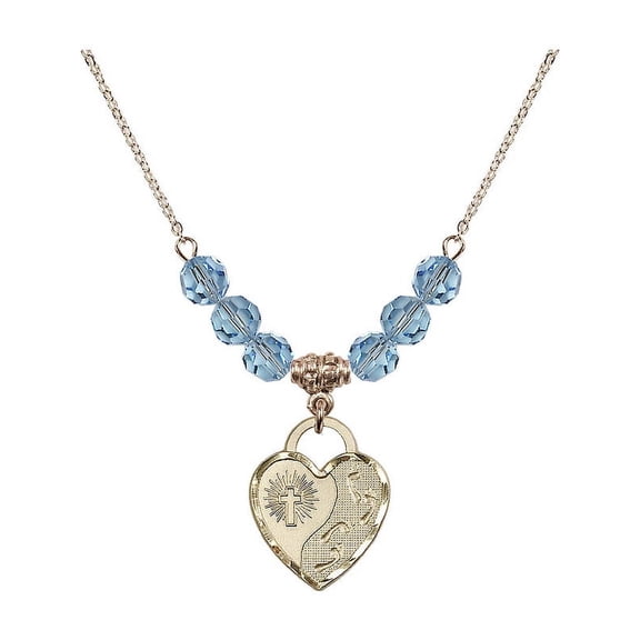 18-Inch Hamilton Gold Plated Necklace with 6mm Blue March Birth Month Stone Beads and Footprints Heart Charm
