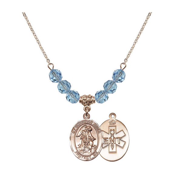 18-Inch Hamilton Gold Plated Necklace with 6mm Blue March Birth Month Stone Beads and Guardian Angel / EMT Charm