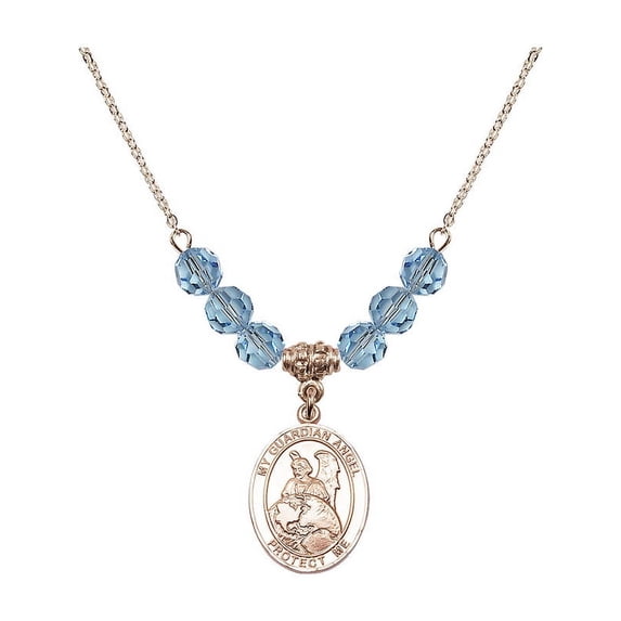 18-Inch Hamilton Gold Plated Necklace with 6mm Blue March Birth Month Stone Beads and Guardian Angel Protector Charm