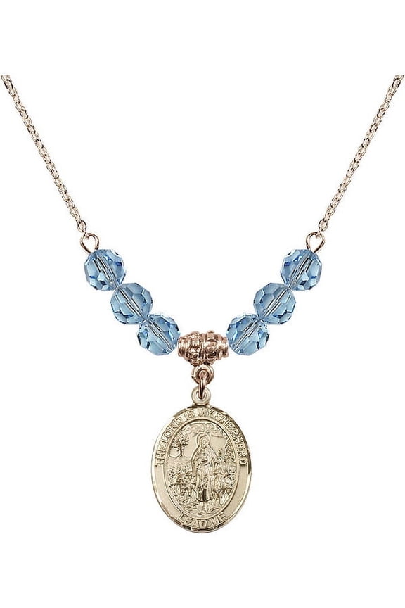 18-Inch Hamilton Gold Plated Necklace with 6mm Blue March Birth Month Stone Beads and Lord Is My Shepherd Charm