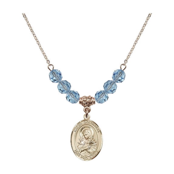 18-Inch Hamilton Gold Plated Necklace with 6mm Blue March Birth Month Stone Beads and Mater Dolorosa Charm