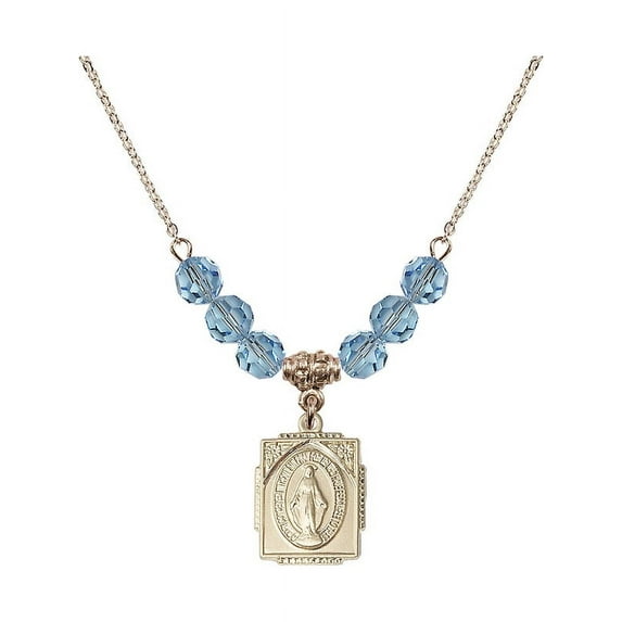 18-Inch Hamilton Gold Plated Necklace with 6mm Blue March Birth Month Stone Beads and Miraculous Charm