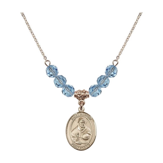 18-Inch Hamilton Gold Plated Necklace with 6mm Blue March Birth Month Stone Beads and Saint Albert the Great Charm