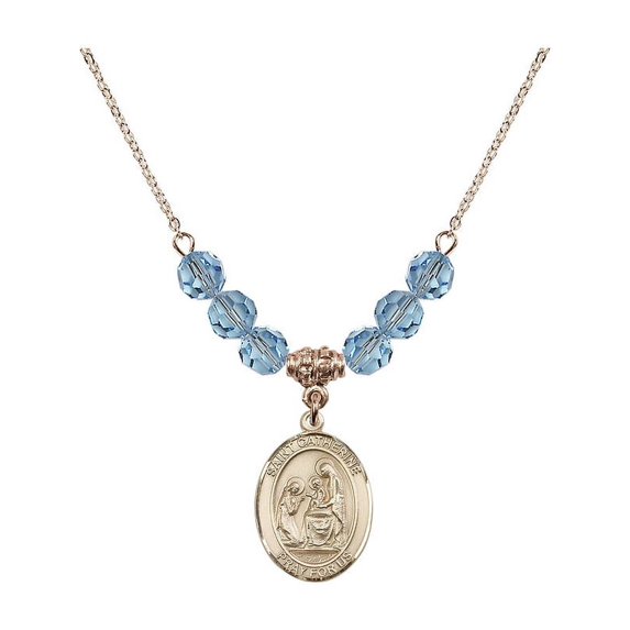 18-Inch Hamilton Gold Plated Necklace with 6mm Blue March Birth Month Stone Beads and Saint Catherine of Siena Charm