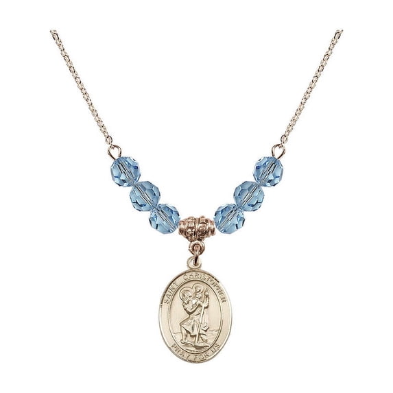 18-Inch Hamilton Gold Plated Necklace with 6mm Blue March Birth Month Stone Beads and Saint Christopher Charm