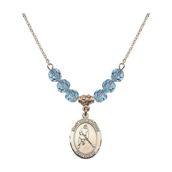 18-Inch Hamilton Gold Plated Necklace with 6mm Blue March Birth Month Stone Beads and Saint Christopher/Ice Hockey Charm