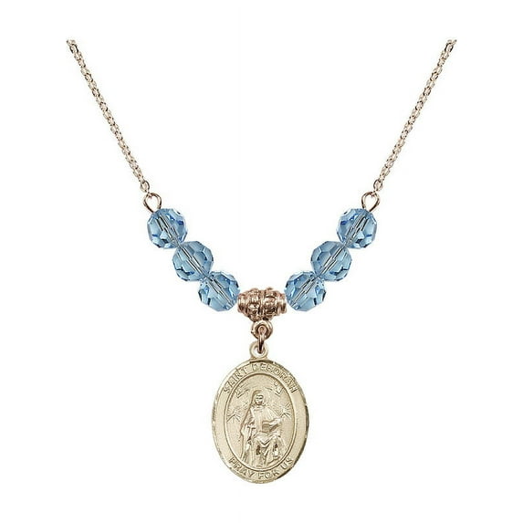 18-Inch Hamilton Gold Plated Necklace with 6mm Blue March Birth Month Stone Beads and Saint Deborah Charm