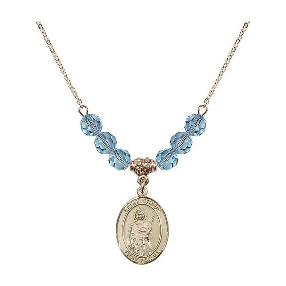 18-Inch Hamilton Gold Plated Necklace with 6mm Blue March Birth Month Stone Beads and Saint Grace Charm