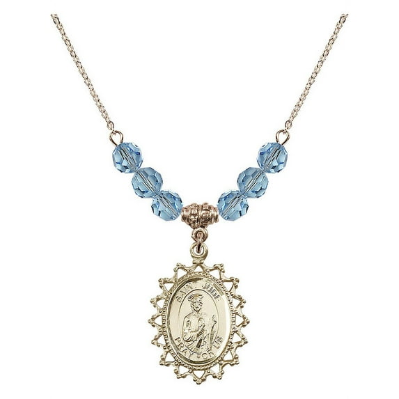 18-Inch Hamilton Gold Plated Necklace with 6mm Blue March Birth Month Stone Beads and Saint Jude Charm