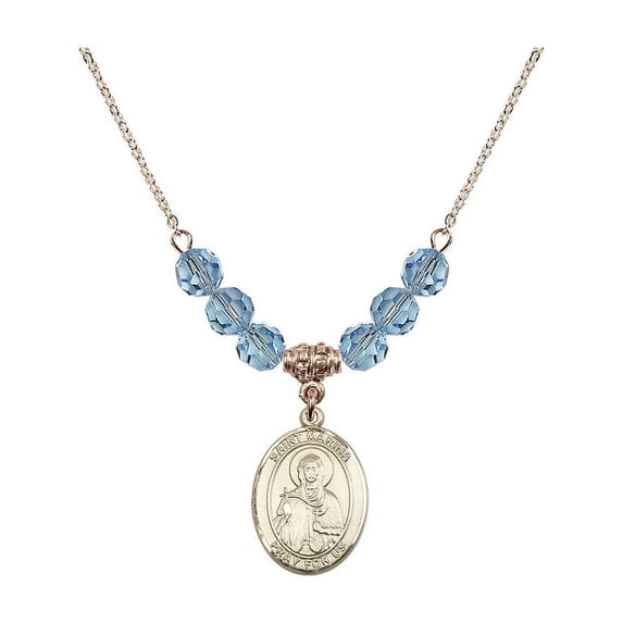 18-Inch Hamilton Gold Plated Necklace with 6mm Blue March Birth Month Stone Beads and Saint Marina Charm