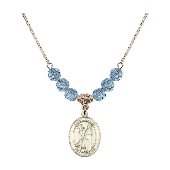 18-Inch Hamilton Gold Plated Necklace with 6mm Blue March Birth Month Stone Beads and Saint Rocco Charm