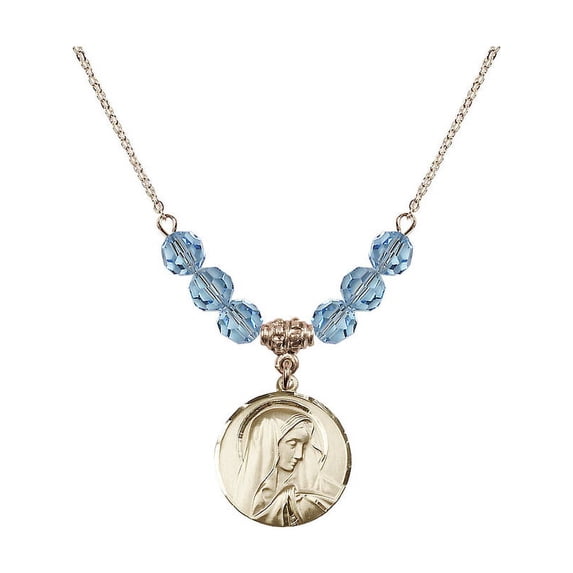 18-Inch Hamilton Gold Plated Necklace with 6mm Blue March Birth Month Stone Beads and Sorrowful Mother Charm