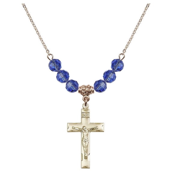 18-Inch Hamilton Gold Plated Necklace with 6mm Blue September Birth Month Stone Beads and Crucifix Charm