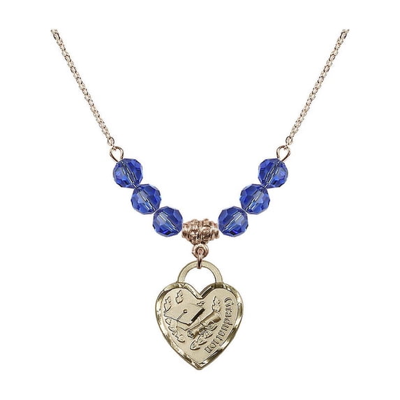 18-Inch Hamilton Gold Plated Necklace with 6mm Blue September Birth Month Stone Beads and Graduation Heart Charm