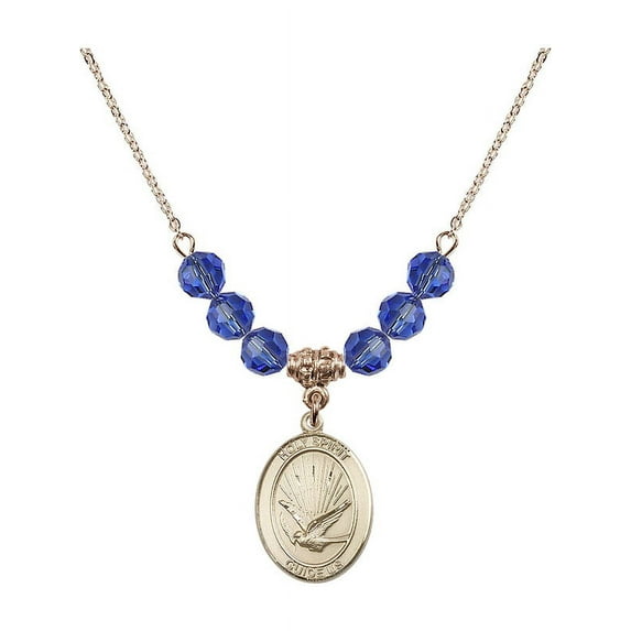 18-Inch Hamilton Gold Plated Necklace with 6mm Blue September Birth Month Stone Beads and Holy Spirit Charm