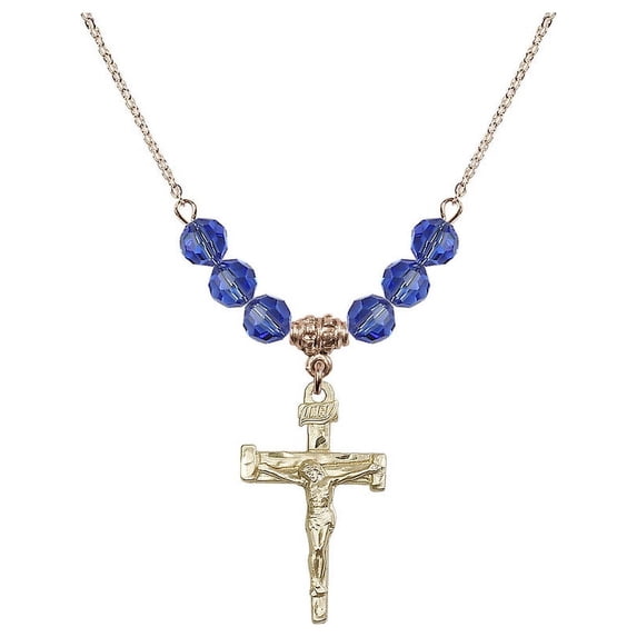 18-Inch Hamilton Gold Plated Necklace with 6mm Blue September Birth Month Stone Beads and Nail Crucifix Charm