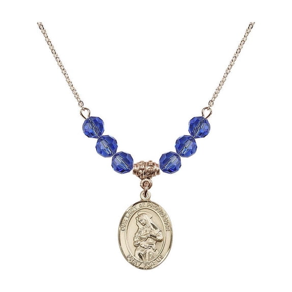 18-Inch Hamilton Gold Plated Necklace with 6mm Blue September Birth Month Stone Beads and Our Lady of Providence Charm