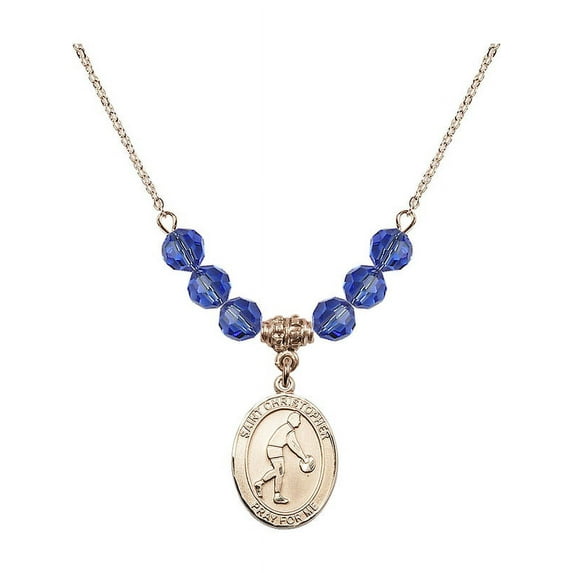 18-Inch Hamilton Gold Plated Necklace with 6mm Blue September Birth Month Stone Beads and Saint Christopher/Basketball Charm