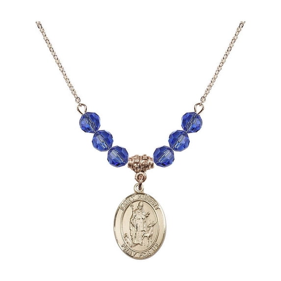 18-Inch Hamilton Gold Plated Necklace with 6mm Blue September Birth Month Stone Beads and Saint Hubert of Liege Charm