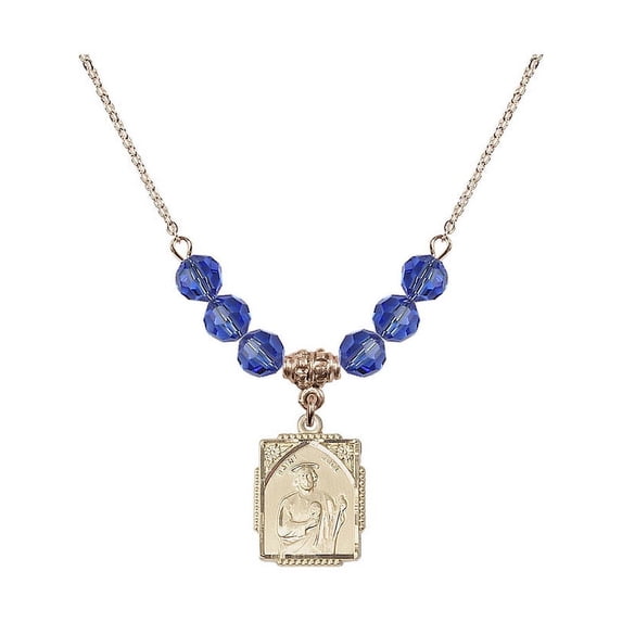 18-Inch Hamilton Gold Plated Necklace with 6mm Blue September Birth Month Stone Beads and Saint Jude Charm