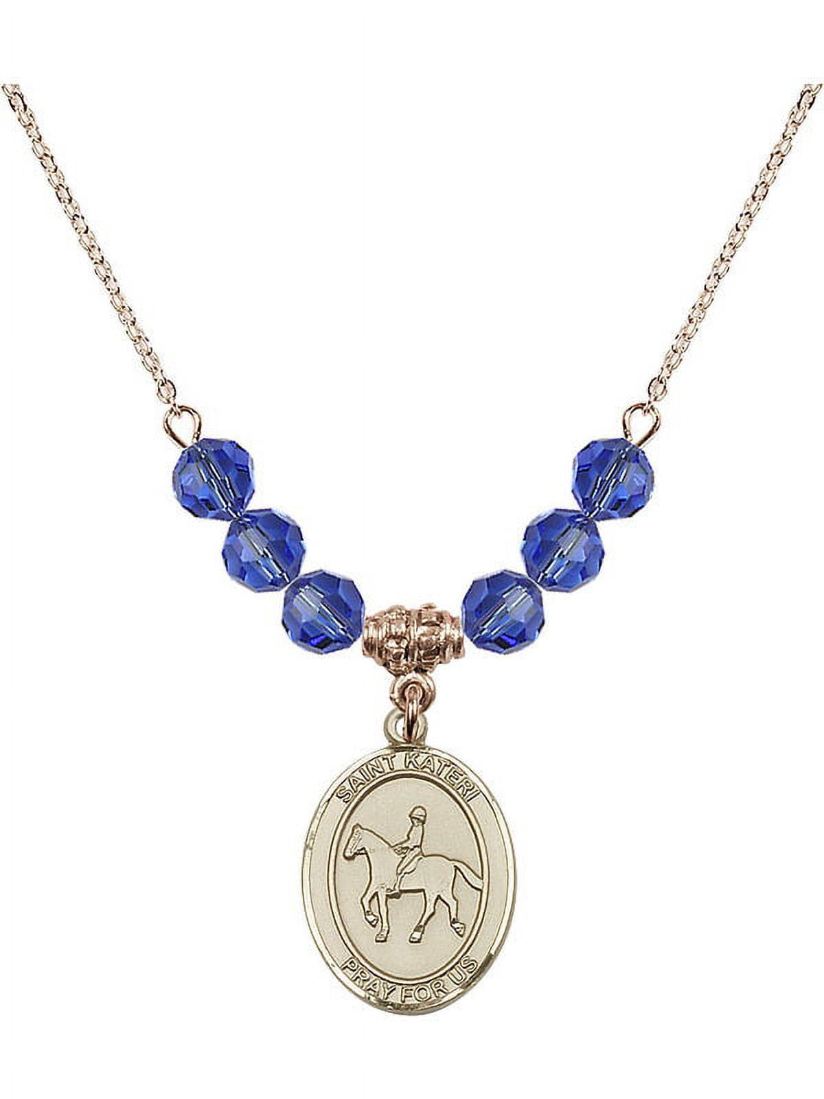 18-Inch Hamilton Gold Plated Necklace with 6mm Blue September Birth Month Stone Beads and Saint Kateri/Equestrian Charm