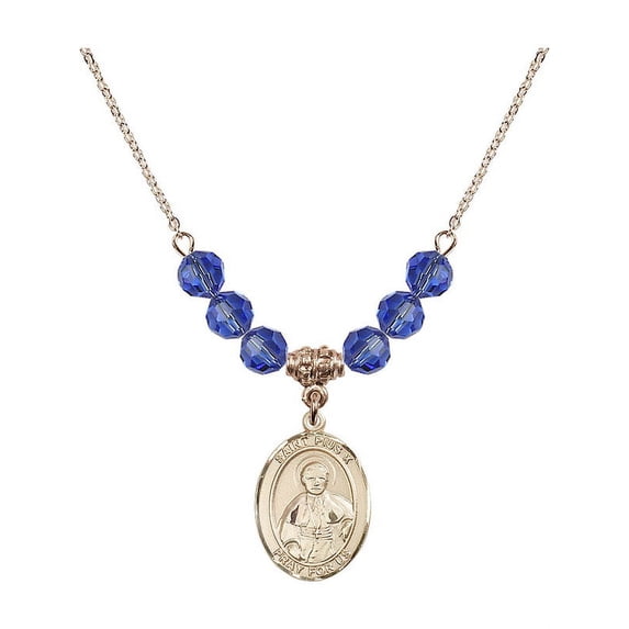 18-Inch Hamilton Gold Plated Necklace with 6mm Blue September Birth Month Stone Beads and Saint Pius X Charm