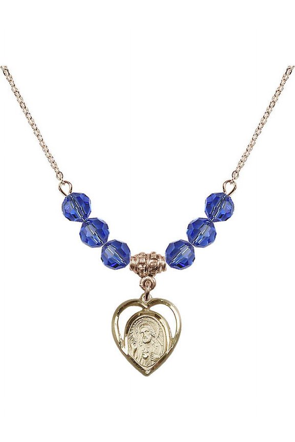 18-Inch Hamilton Gold Plated Necklace with 6mm Blue September Birth Month Stone Beads and Scapular Charm