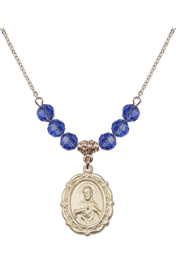 18-Inch Hamilton Gold Plated Necklace with 6mm Blue September Birth Month Stone Beads and Scapular Charm