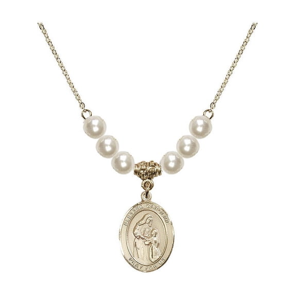 18-Inch Hamilton Gold Plated Necklace with 6mm Faux-Pearl Beads and Blessed Caroline Gerhardinger Charm