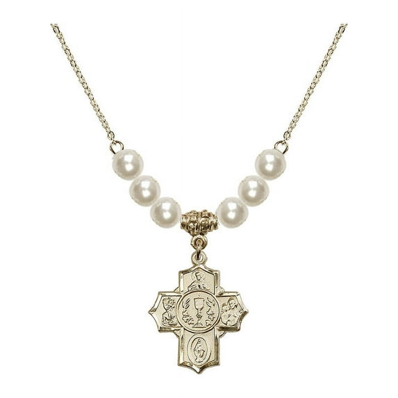 18-Inch Hamilton Gold Plated Necklace with 6mm Faux-Pearl Beads and Communion/5-Way Charm