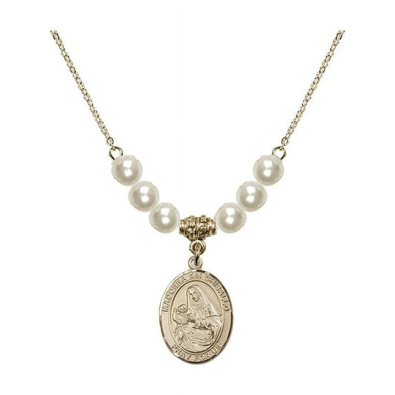 18-Inch Hamilton Gold Plated Necklace with 6mm Faux-Pearl Beads and Madonna del Ghisallo Charm