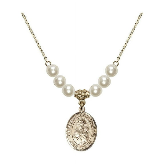 18-Inch Hamilton Gold Plated Necklace with 6mm Faux-Pearl Beads and Our Lady of Czestochowa Charm
