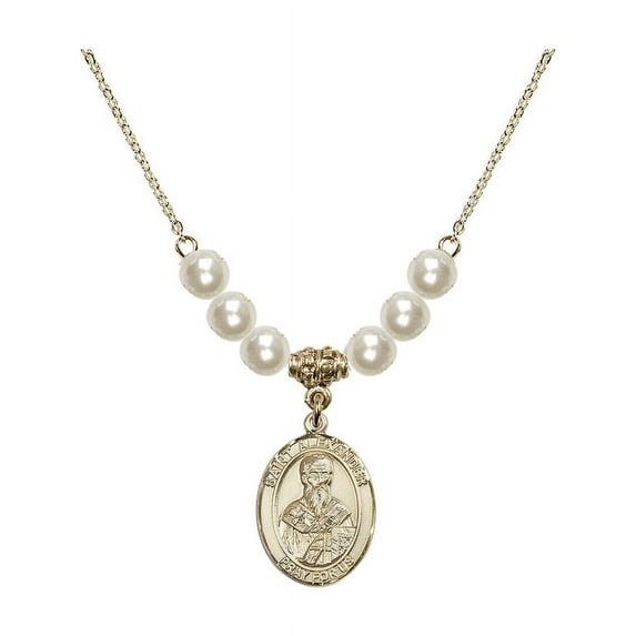 18-Inch Hamilton Gold Plated Necklace with 6mm Faux-Pearl Beads and Saint Alexander Sauli Charm
