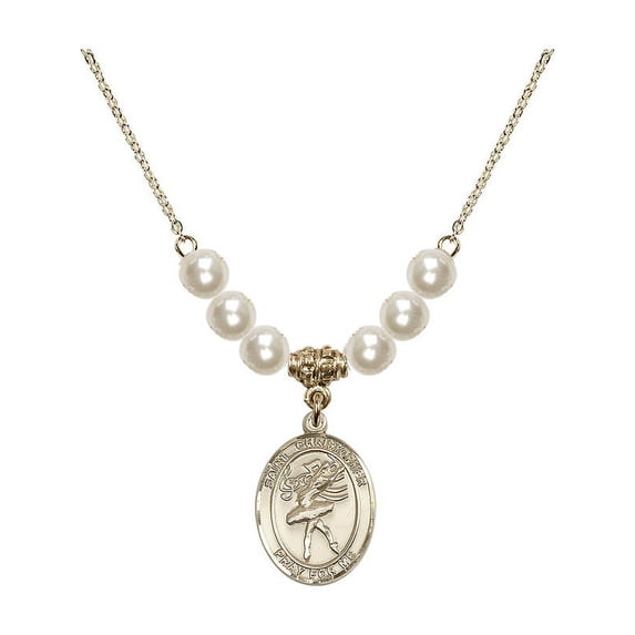 18-Inch Hamilton Gold Plated Necklace with 6mm Faux-Pearl Beads and Saint Christopher/Dance Charm