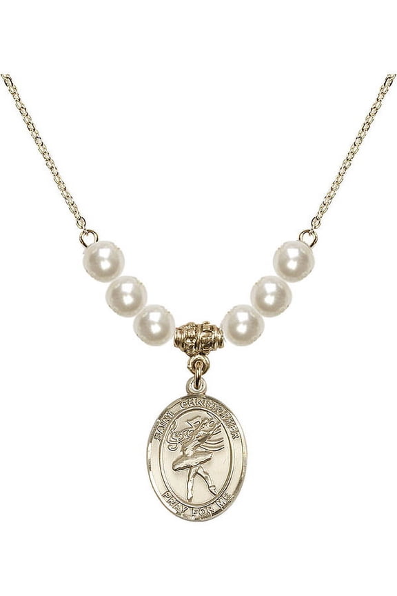 18-Inch Hamilton Gold Plated Necklace with 6mm Faux-Pearl Beads and Saint Christopher/Dance Charm