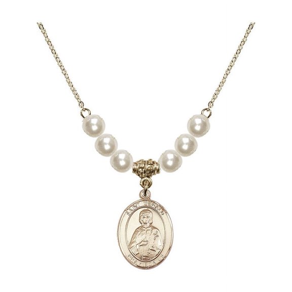 18-Inch Hamilton Gold Plated Necklace with 6mm Faux-Pearl Beads and Saint Gerald Charm