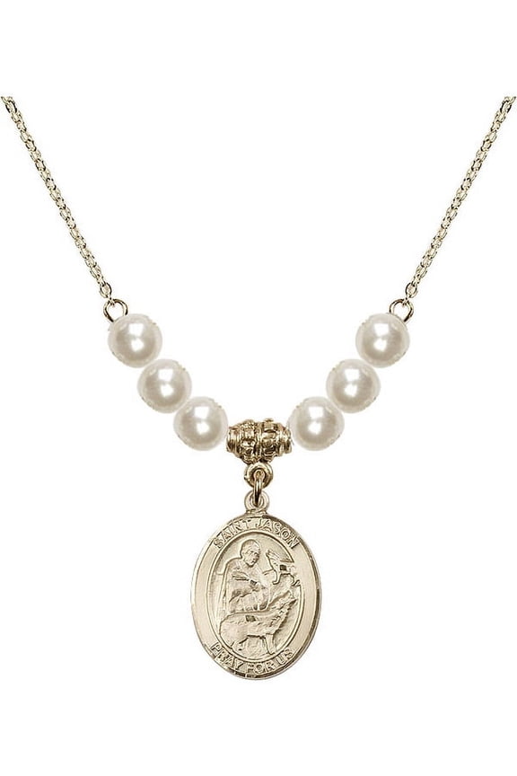 18-Inch Hamilton Gold Plated Necklace with 6mm Faux-Pearl Beads and Saint Jason Charm