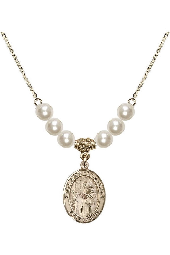 18-Inch Hamilton Gold Plated Necklace with 6mm Faux-Pearl Beads and Saint John of the Cross Charm