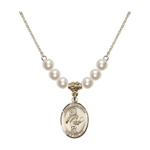 18-Inch Hamilton Gold Plated Necklace with 6mm Faux-Pearl Beads and Saint Sebastian / Tennis Charm