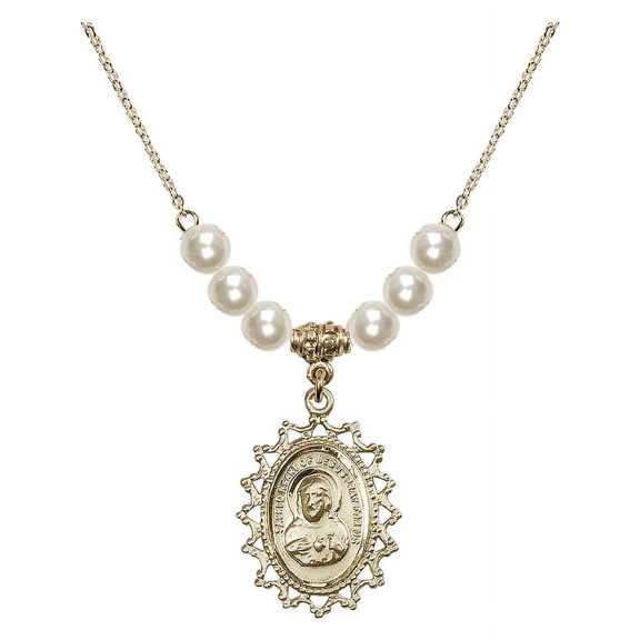 18-Inch Hamilton Gold Plated Necklace with 6mm Faux-Pearl Beads and Scapular Charm