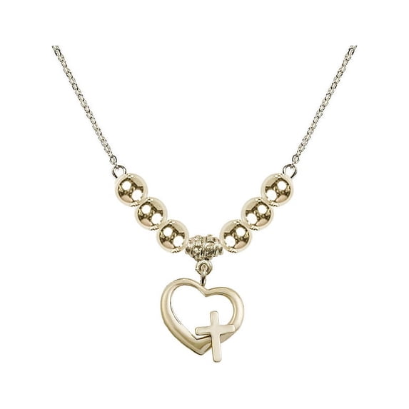 18-Inch Hamilton Gold Plated Necklace with 6mm Gold Filled Beads and Heart / Cross Charm