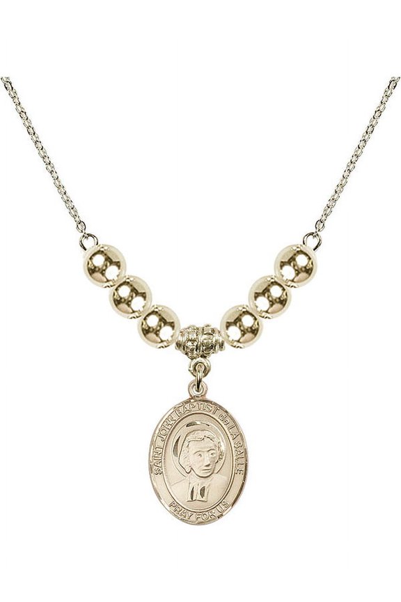 18-Inch Hamilton Gold Plated Necklace with 6mm Gold Filled Beads and Saint John Baptist de la Salle Charm