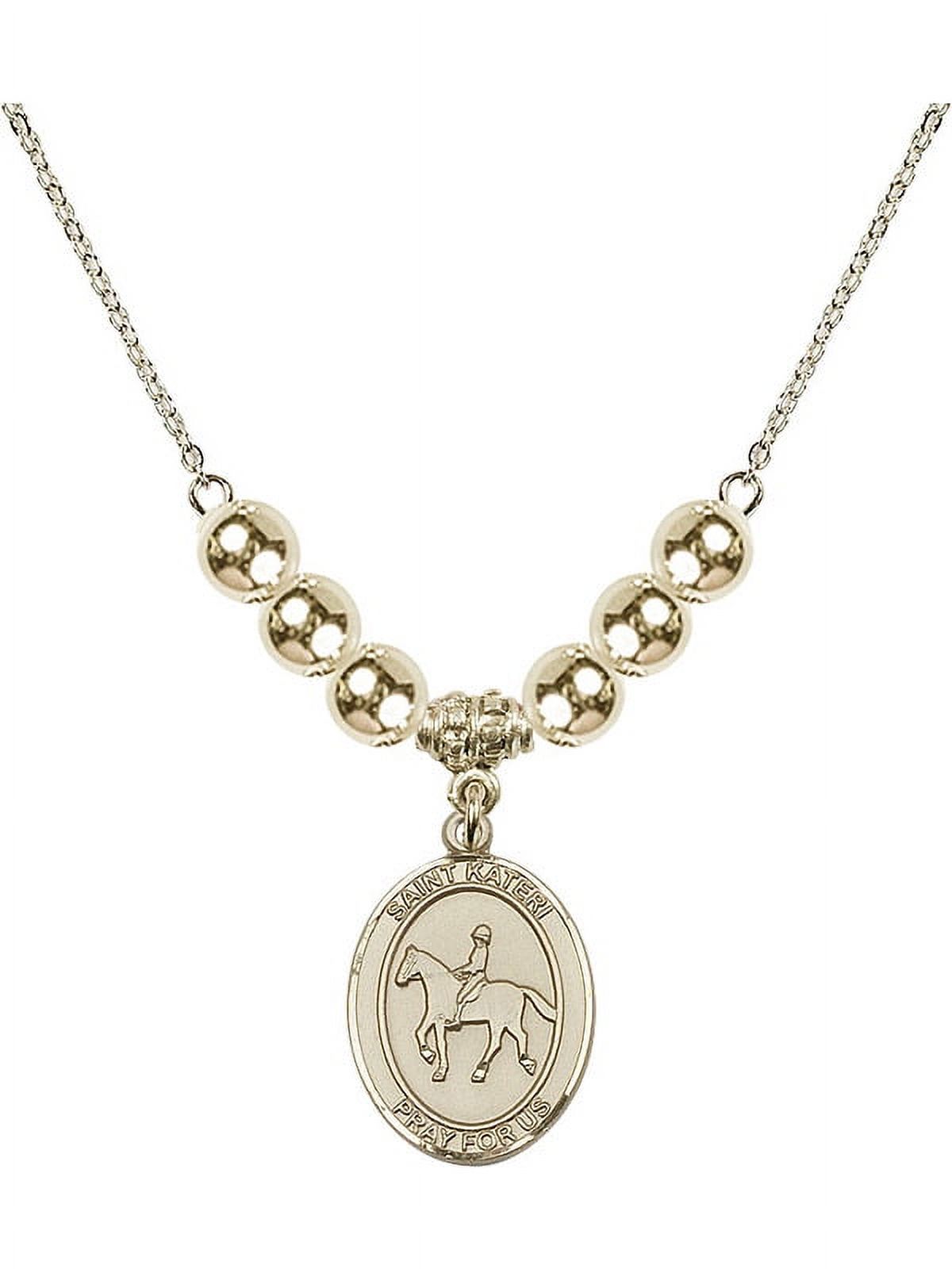 18-Inch Hamilton Gold Plated Necklace with 6mm Gold Filled Beads and Saint Kateri/Equestrian Charm