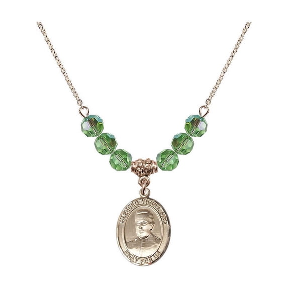 18-Inch Hamilton Gold Plated Necklace with 6mm Green August Birth Month Stone Beads and Blessed Miguel Pro Charm